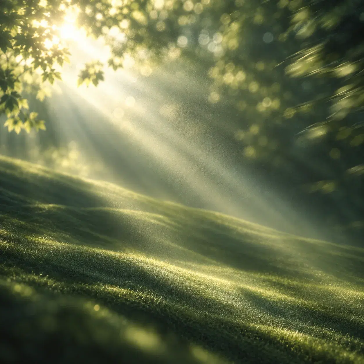 Morning sun breaking through trees across an open field.