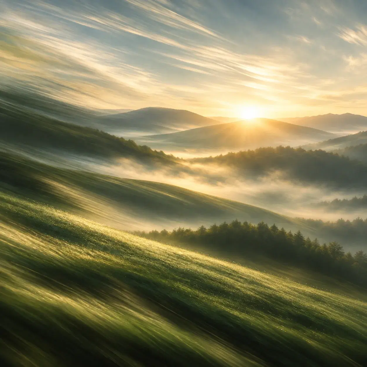 Sunrise over layered valley ridges held in morning mist.
